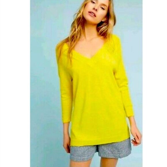 Anthropologie Moth Yellow Merino Wool V neck Sweater Size Small - Picture 1 of 11